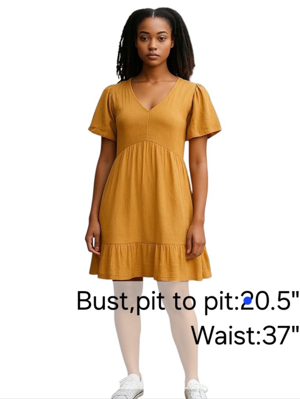 Zattcas V Neck Knee Length Dress Women 2XL Gold Smocked Flutter Sleeve